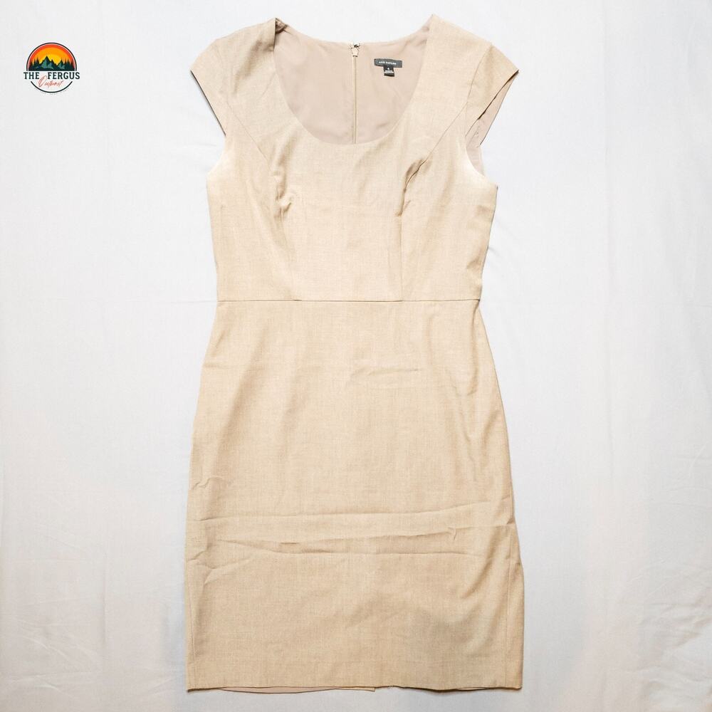 Ann Taylor Shift Dress Tan Back Zip Cap Sleeve Midi Casual Women's Size 4